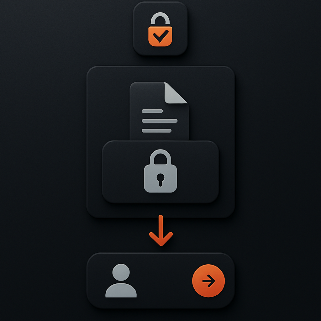 Elegant dark UI dashboard showing encrypted file vault with photos safely stored behind security shield, couple silhouettes in background